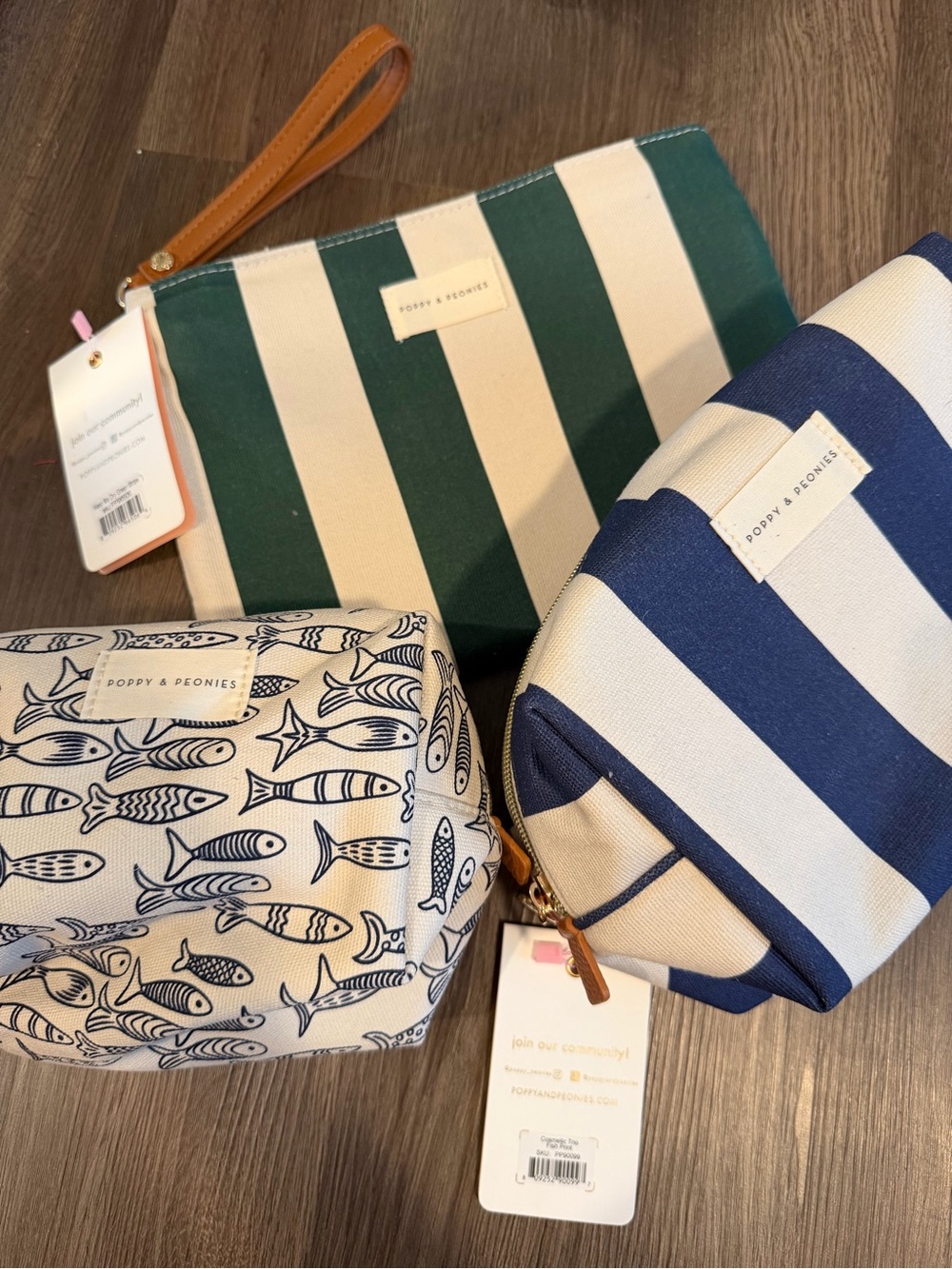 Poppy & Peonies Navy and Green Striped Trio